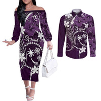 FSM Chuuk Couples Matching Off The Shoulder Long Sleeve Dress and Long Sleeve Button Shirt Turtle Tropical Flowers Polynesian - Purple LT14 Purple - Polynesian Pride