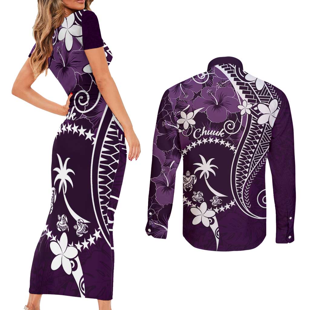 FSM Chuuk Couples Matching Short Sleeve Bodycon Dress and Long Sleeve Button Shirt Turtle Tropical Flowers Polynesian - Purple LT14 - Polynesian Pride
