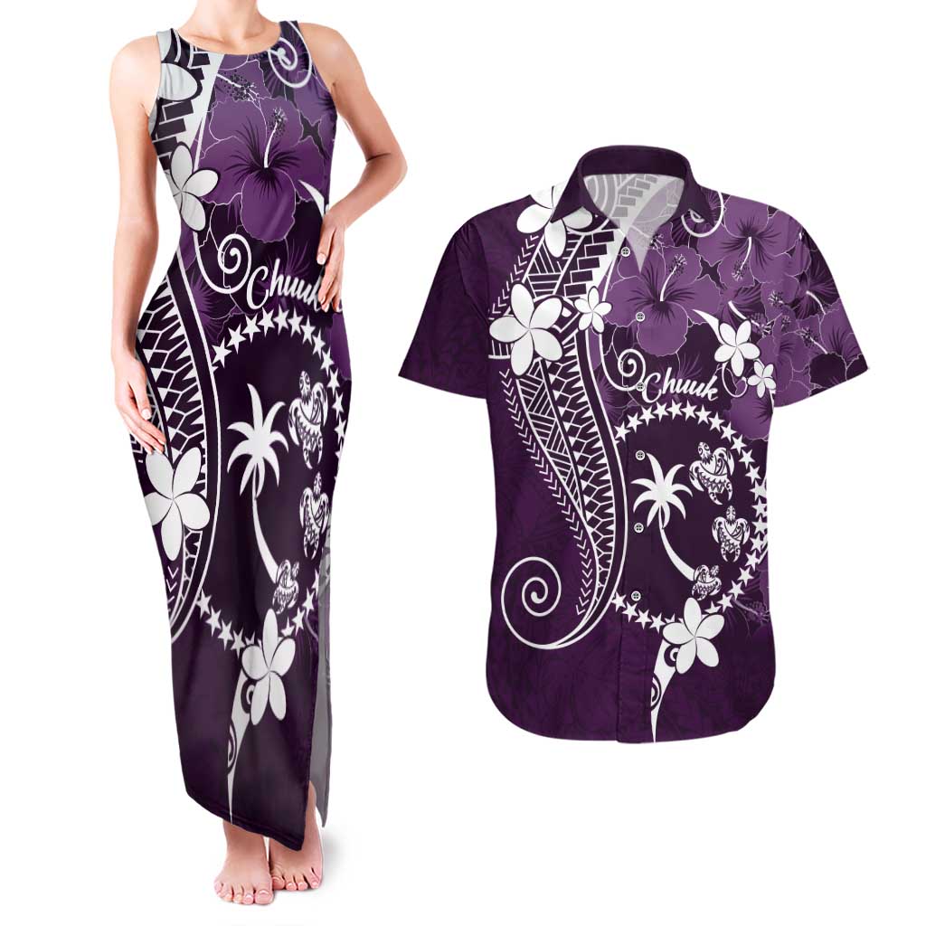 FSM Chuuk Couples Matching Tank Maxi Dress and Hawaiian Shirt Turtle Tropical Flowers Polynesian - Purple LT14 Purple - Polynesian Pride