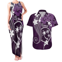FSM Chuuk Couples Matching Tank Maxi Dress and Hawaiian Shirt Turtle Tropical Flowers Polynesian - Purple LT14 Purple - Polynesian Pride