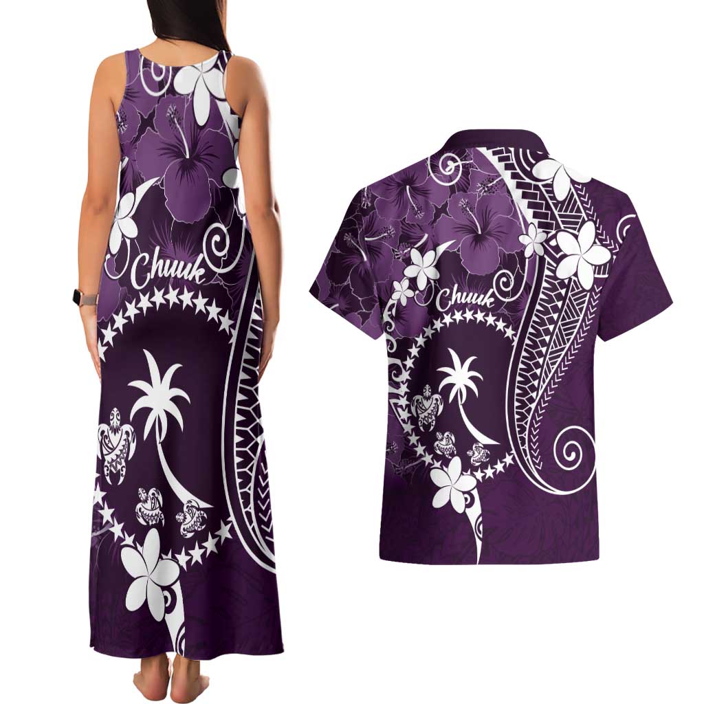 FSM Chuuk Couples Matching Tank Maxi Dress and Hawaiian Shirt Turtle Tropical Flowers Polynesian - Purple LT14 - Polynesian Pride