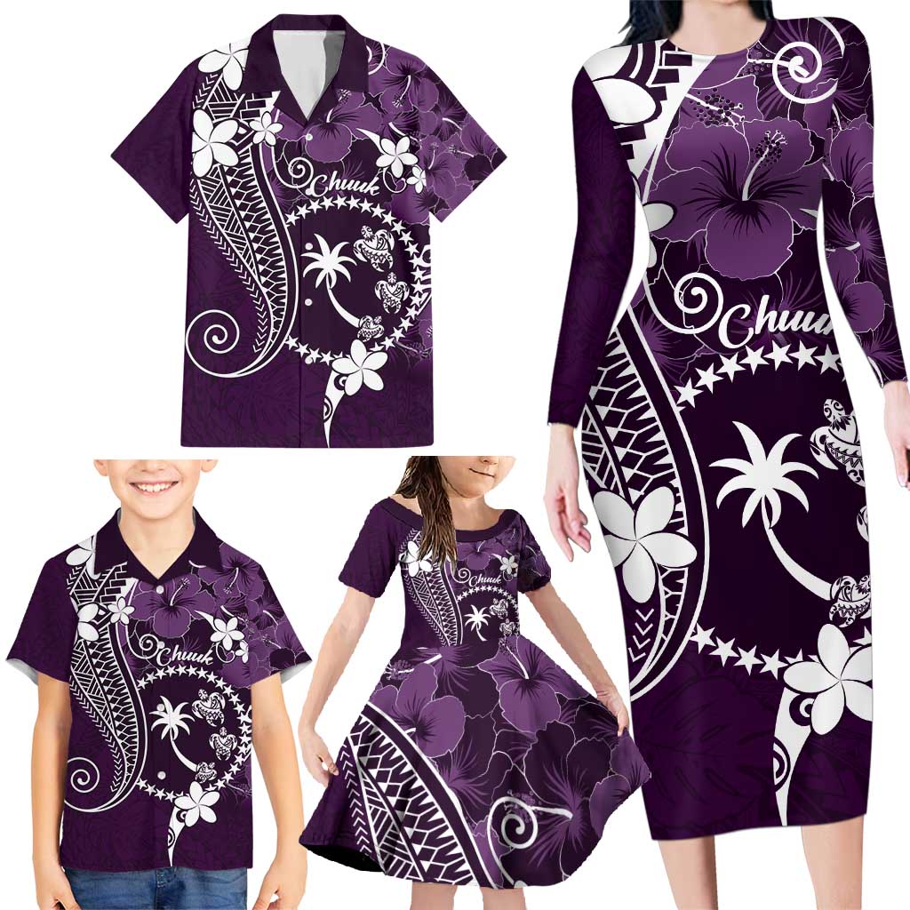 FSM Chuuk Family Matching Long Sleeve Bodycon Dress and Hawaiian Shirt Turtle Tropical Flowers Polynesian - Purple LT14 - Polynesian Pride