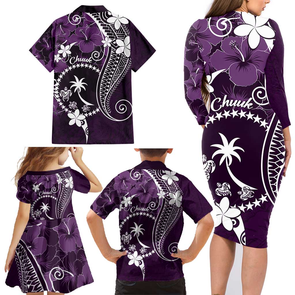 FSM Chuuk Family Matching Long Sleeve Bodycon Dress and Hawaiian Shirt Turtle Tropical Flowers Polynesian - Purple LT14 - Polynesian Pride
