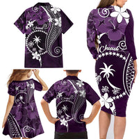 FSM Chuuk Family Matching Long Sleeve Bodycon Dress and Hawaiian Shirt Turtle Tropical Flowers Polynesian - Purple LT14 - Polynesian Pride