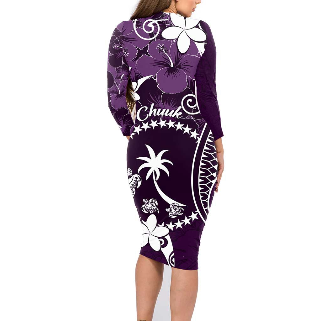 FSM Chuuk Family Matching Long Sleeve Bodycon Dress and Hawaiian Shirt Turtle Tropical Flowers Polynesian - Purple LT14 - Polynesian Pride
