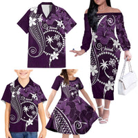 FSM Chuuk Family Matching Off The Shoulder Long Sleeve Dress and Hawaiian Shirt Turtle Tropical Flowers Polynesian - Purple LT14 - Polynesian Pride