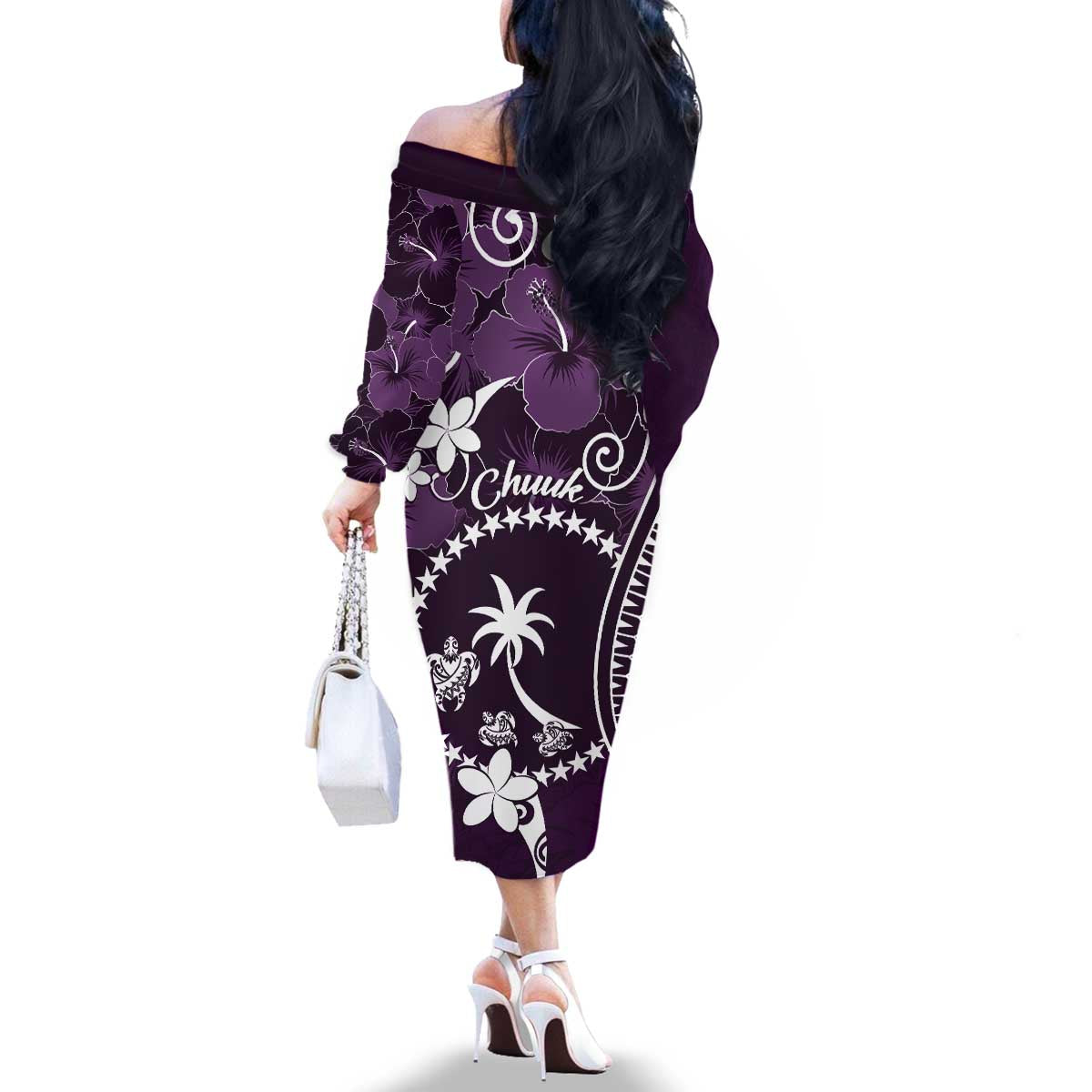 FSM Chuuk Family Matching Off The Shoulder Long Sleeve Dress and Hawaiian Shirt Turtle Tropical Flowers Polynesian - Purple LT14 - Polynesian Pride