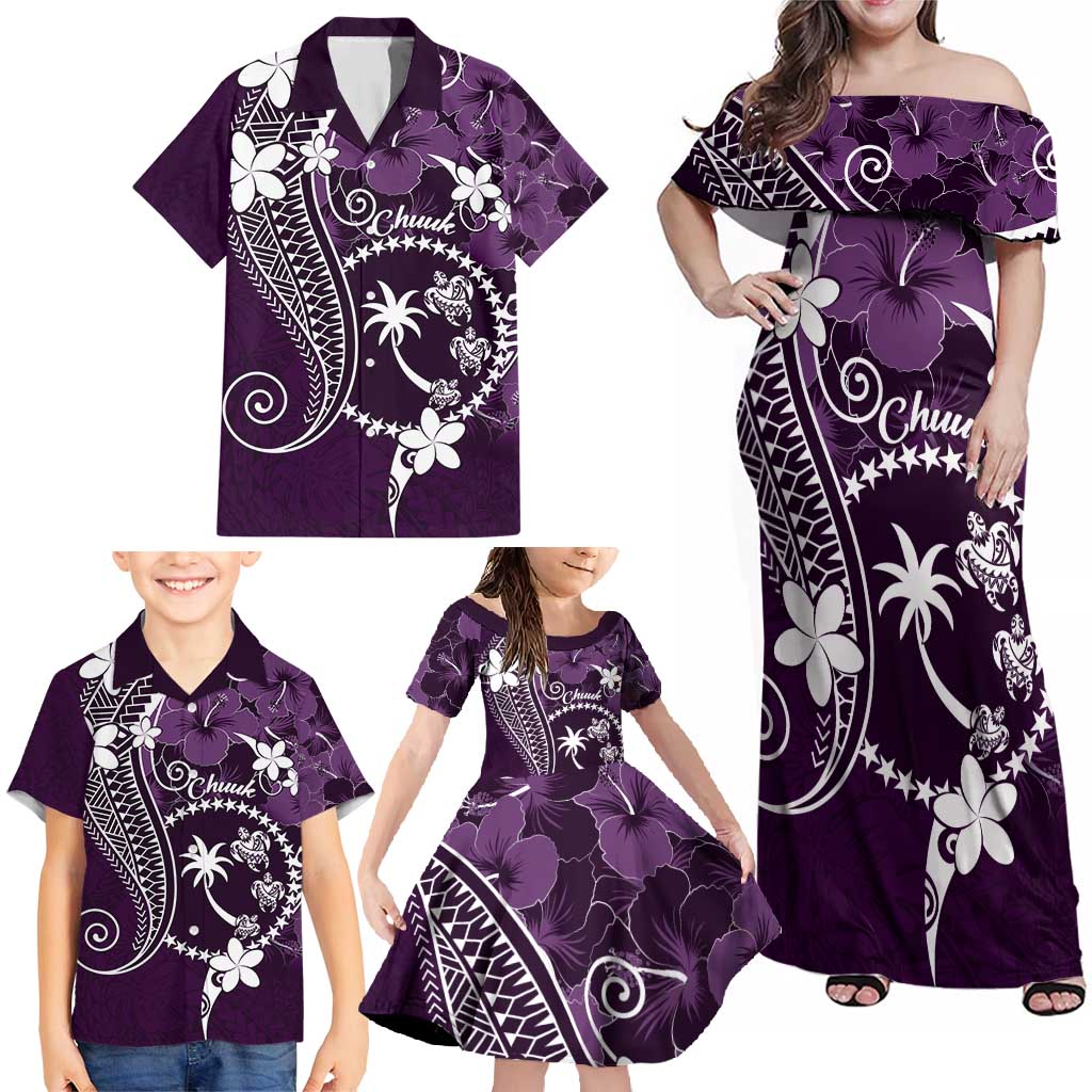 FSM Chuuk Family Matching Off Shoulder Maxi Dress and Hawaiian Shirt Turtle Tropical Flowers Polynesian - Purple LT14 - Polynesian Pride