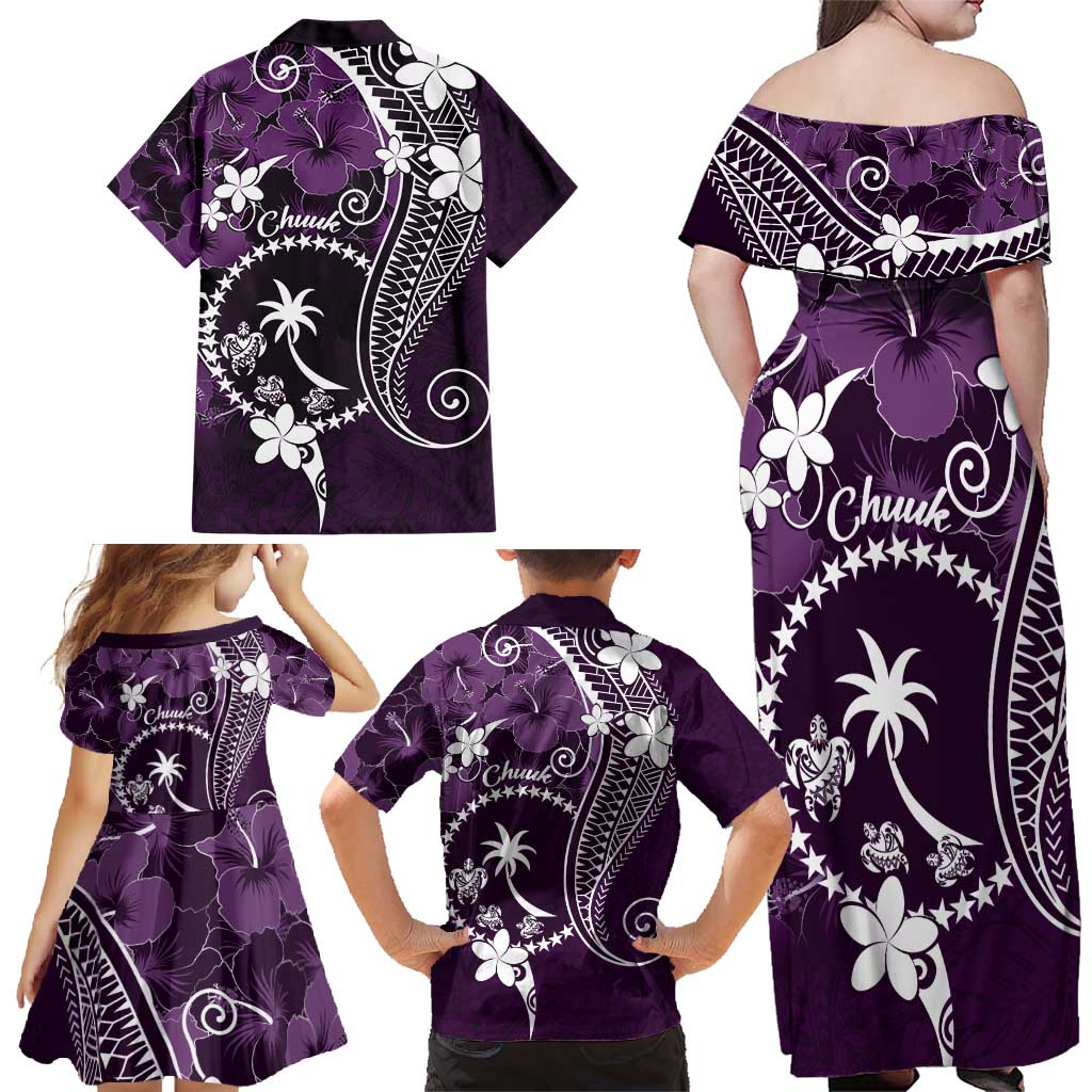FSM Chuuk Family Matching Off Shoulder Maxi Dress and Hawaiian Shirt Turtle Tropical Flowers Polynesian - Purple LT14 - Polynesian Pride