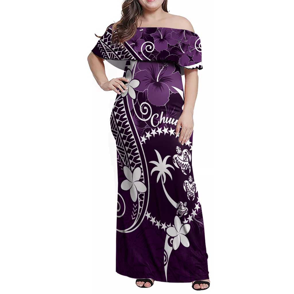 FSM Chuuk Family Matching Off Shoulder Maxi Dress and Hawaiian Shirt Turtle Tropical Flowers Polynesian - Purple LT14 Mom's Dress Purple - Polynesian Pride