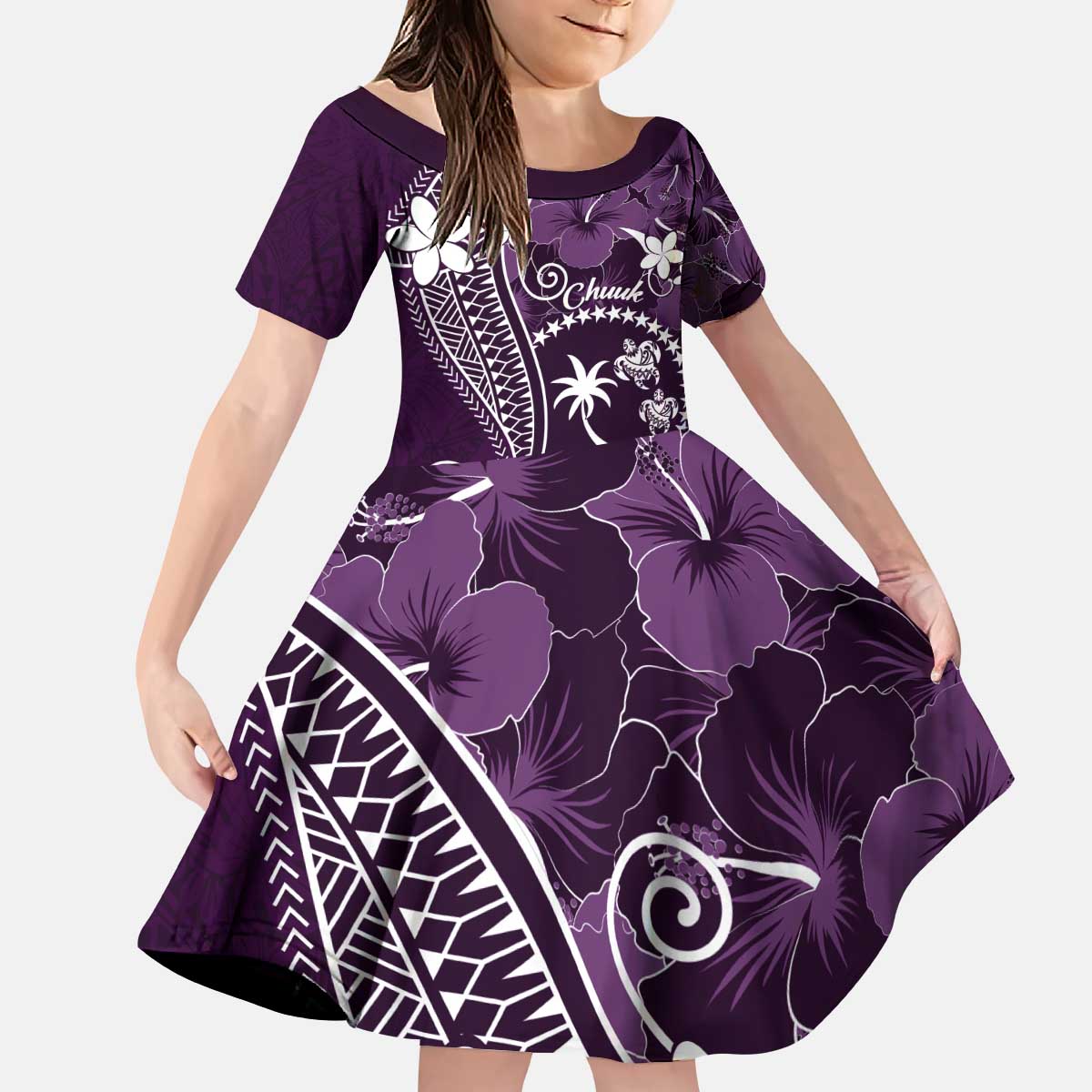 FSM Chuuk Family Matching Puletasi and Hawaiian Shirt Turtle Tropical Flowers Polynesian - Purple LT14 Daughter's Dress Purple - Polynesian Pride