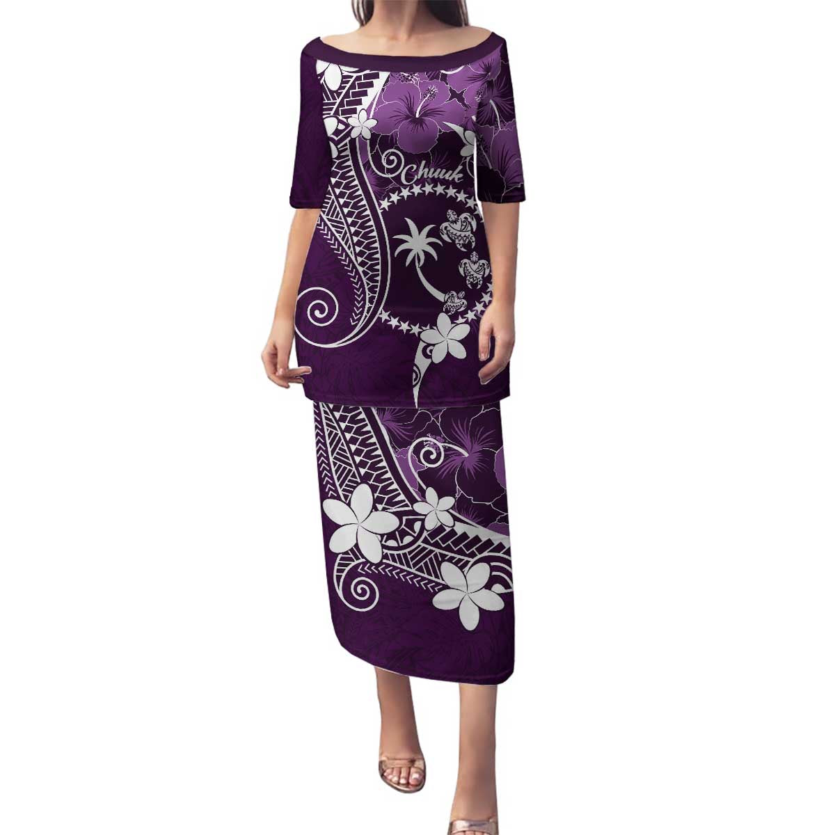 FSM Chuuk Family Matching Puletasi and Hawaiian Shirt Turtle Tropical Flowers Polynesian - Purple LT14 Mom's Dress Purple - Polynesian Pride