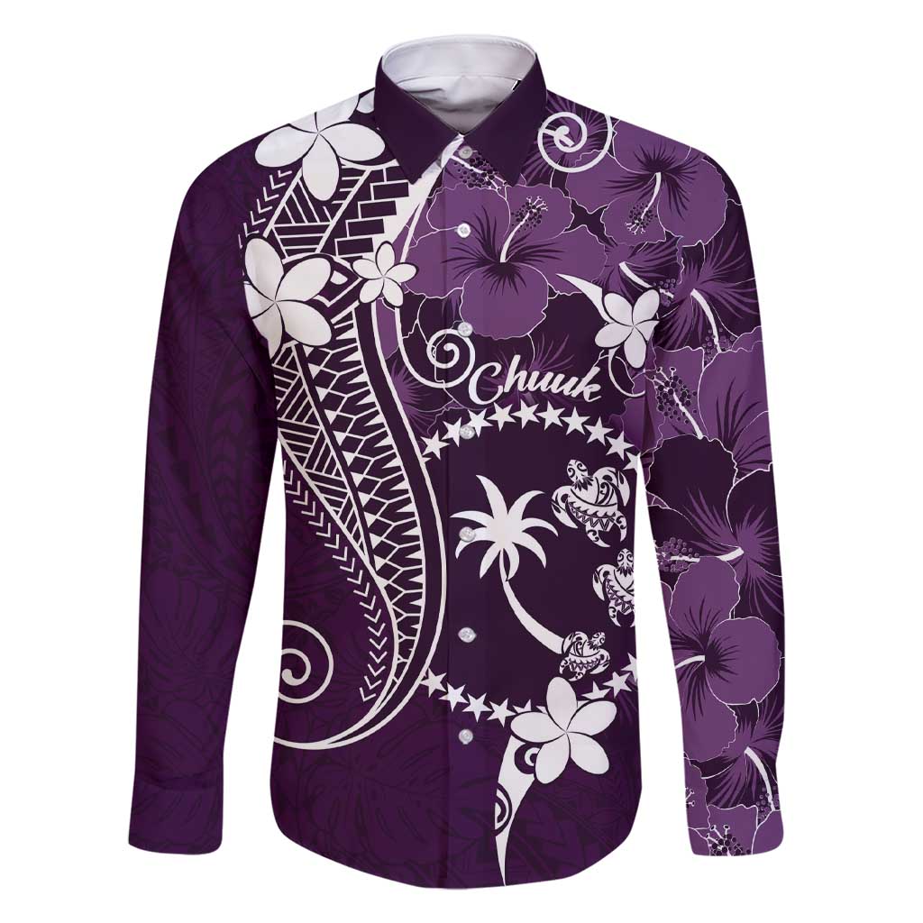FSM Chuuk Family Matching Short Sleeve Bodycon Dress and Hawaiian Shirt Turtle Tropical Flowers Polynesian - Purple LT14 Dad's Shirt - Long Sleeve Purple - Polynesian Pride