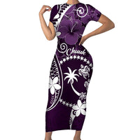 FSM Chuuk Family Matching Short Sleeve Bodycon Dress and Hawaiian Shirt Turtle Tropical Flowers Polynesian - Purple LT14 Mom's Dress Purple - Polynesian Pride