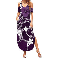 FSM Chuuk Family Matching Summer Maxi Dress and Hawaiian Shirt Turtle Tropical Flowers Polynesian - Purple LT14 Mom's Dress Purple - Polynesian Pride
