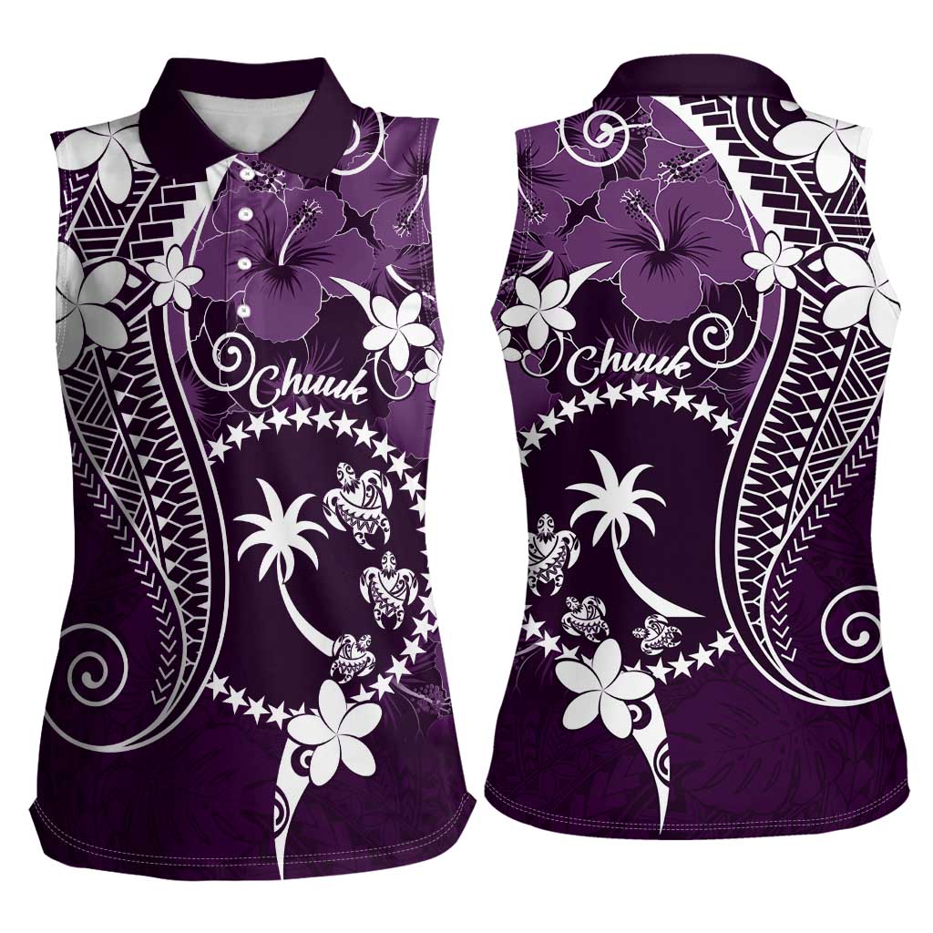 FSM Chuuk Women Sleeveless Polo Shirt Turtle Tropical Flowers Polynesian - Purple LT14 - Polynesian Pride