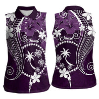 FSM Chuuk Women Sleeveless Polo Shirt Turtle Tropical Flowers Polynesian - Purple LT14 - Polynesian Pride