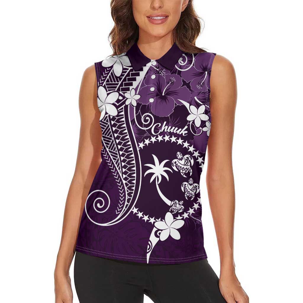FSM Chuuk Women Sleeveless Polo Shirt Turtle Tropical Flowers Polynesian - Purple LT14 - Polynesian Pride