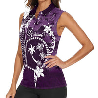 FSM Chuuk Women Sleeveless Polo Shirt Turtle Tropical Flowers Polynesian - Purple LT14 - Polynesian Pride