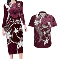 FSM Chuuk Couples Matching Long Sleeve Bodycon Dress and Hawaiian Shirt Turtle Tropical Flowers Polynesian - Pink LT14 Pink - Polynesian Pride