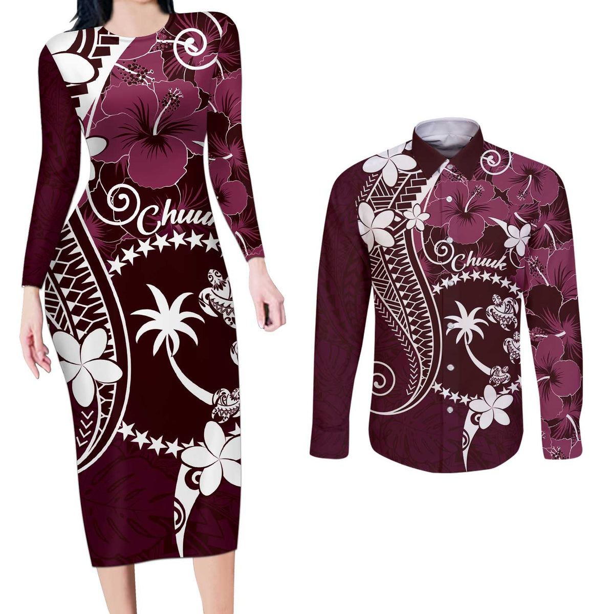 FSM Chuuk Couples Matching Long Sleeve Bodycon Dress and Long Sleeve Button Shirt Turtle Tropical Flowers Polynesian - Pink LT14 Pink - Polynesian Pride