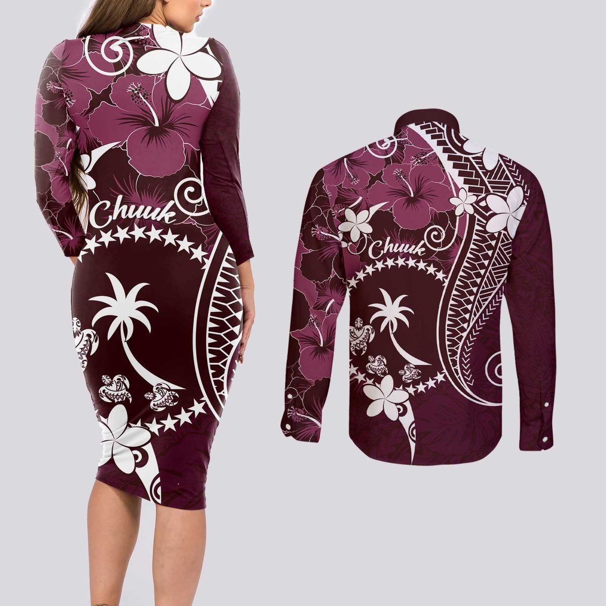 FSM Chuuk Couples Matching Long Sleeve Bodycon Dress and Long Sleeve Button Shirt Turtle Tropical Flowers Polynesian - Pink LT14 - Polynesian Pride