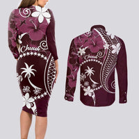 FSM Chuuk Couples Matching Long Sleeve Bodycon Dress and Long Sleeve Button Shirt Turtle Tropical Flowers Polynesian - Pink LT14 - Polynesian Pride