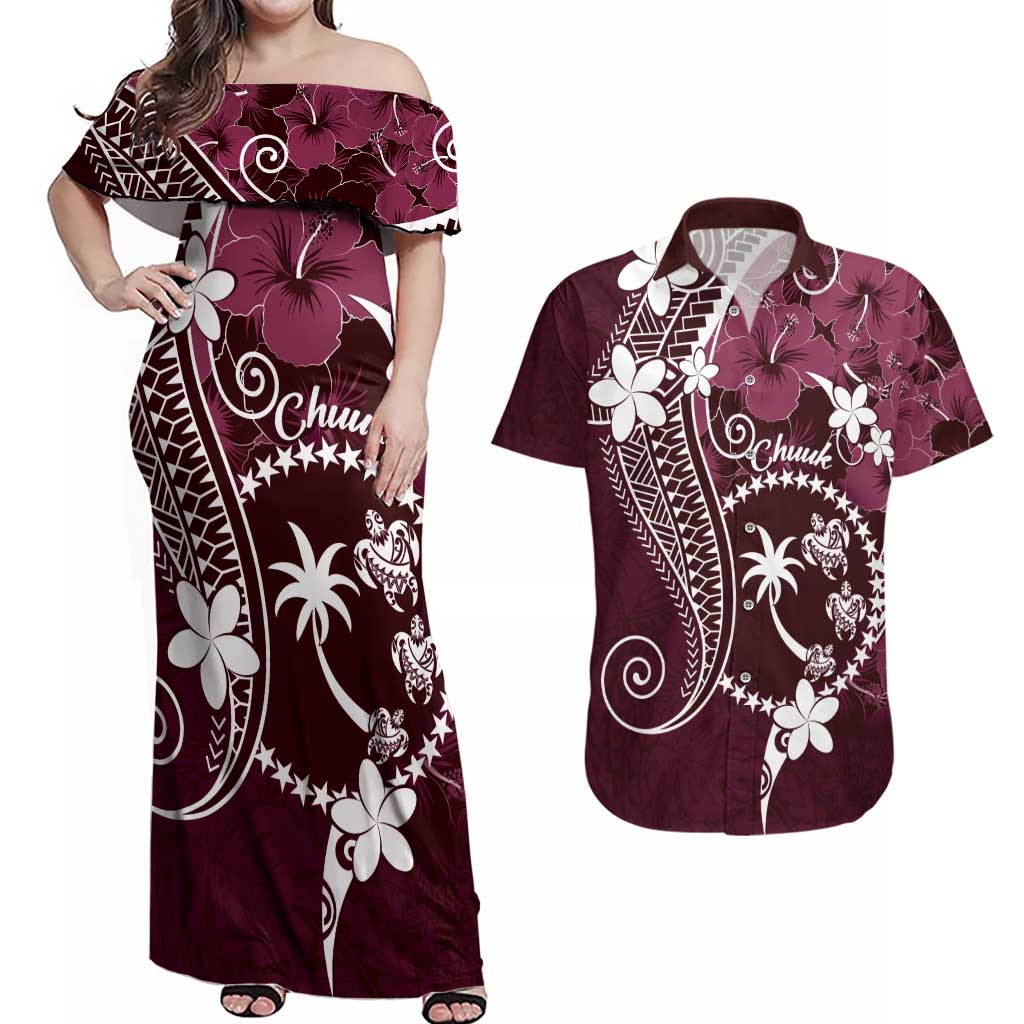 FSM Chuuk Couples Matching Off Shoulder Maxi Dress and Hawaiian Shirt Turtle Tropical Flowers Polynesian - Pink LT14 Pink - Polynesian Pride