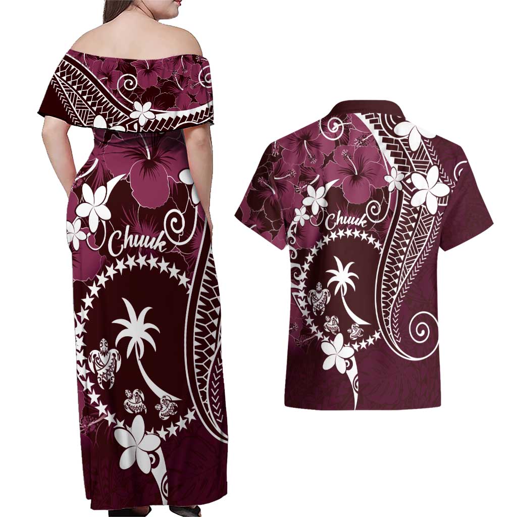 FSM Chuuk Couples Matching Off Shoulder Maxi Dress and Hawaiian Shirt Turtle Tropical Flowers Polynesian - Pink LT14 - Polynesian Pride