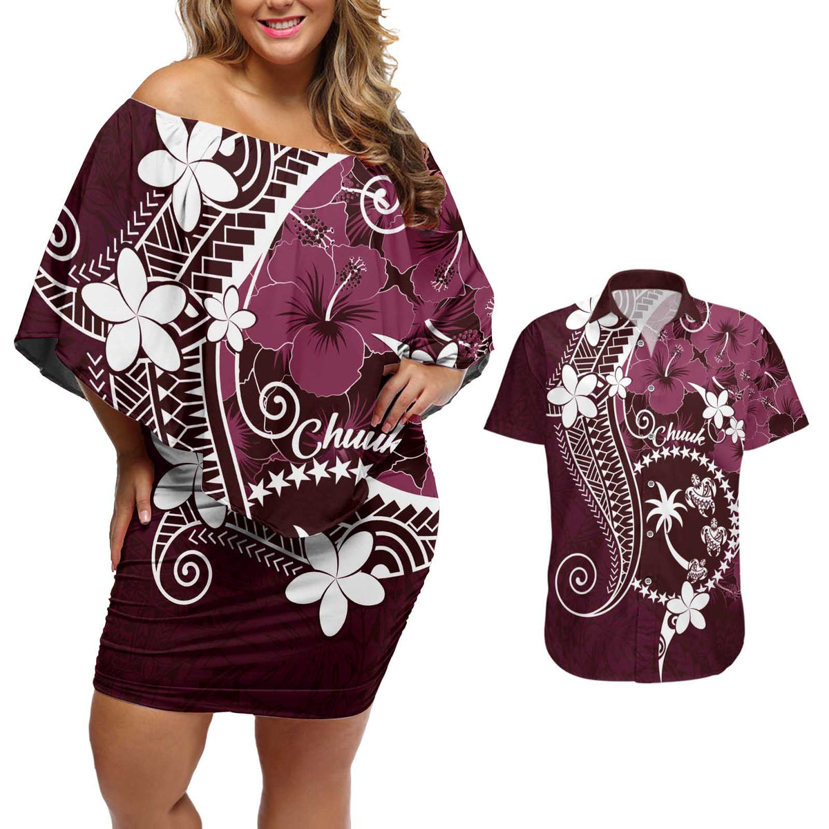 FSM Chuuk Couples Matching Off Shoulder Short Dress and Hawaiian Shirt Turtle Tropical Flowers Polynesian - Pink LT14 Pink - Polynesian Pride