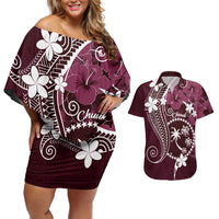 FSM Chuuk Couples Matching Off Shoulder Short Dress and Hawaiian Shirt Turtle Tropical Flowers Polynesian - Pink LT14 Pink - Polynesian Pride