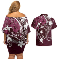 FSM Chuuk Couples Matching Off Shoulder Short Dress and Hawaiian Shirt Turtle Tropical Flowers Polynesian - Pink LT14 - Polynesian Pride