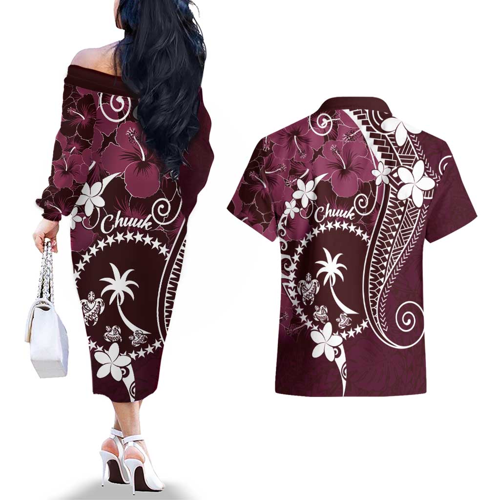 FSM Chuuk Couples Matching Off The Shoulder Long Sleeve Dress and Hawaiian Shirt Turtle Tropical Flowers Polynesian - Pink LT14 - Polynesian Pride