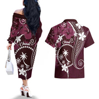 FSM Chuuk Couples Matching Off The Shoulder Long Sleeve Dress and Hawaiian Shirt Turtle Tropical Flowers Polynesian - Pink LT14 - Polynesian Pride