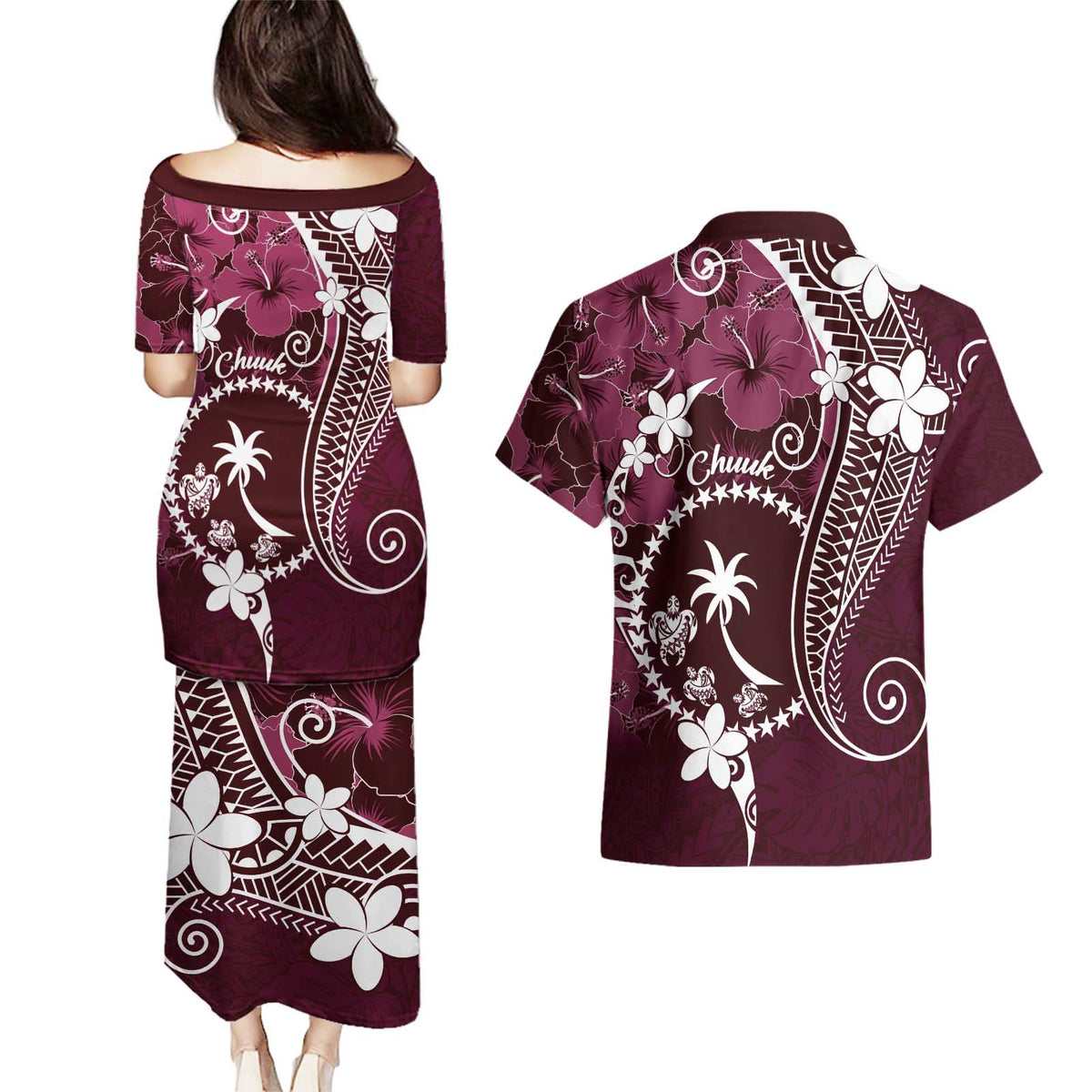 FSM Chuuk Couples Matching Puletasi and Hawaiian Shirt Turtle Tropical Flowers Polynesian - Pink