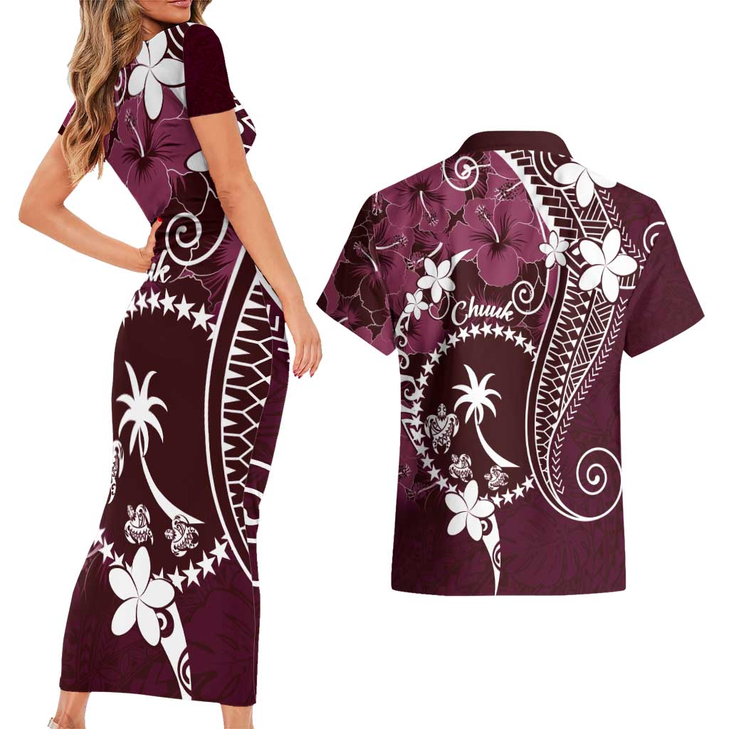 FSM Chuuk Couples Matching Short Sleeve Bodycon Dress and Hawaiian Shirt Turtle Tropical Flowers Polynesian - Pink LT14 - Polynesian Pride