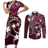 FSM Chuuk Couples Matching Short Sleeve Bodycon Dress and Long Sleeve Button Shirt Turtle Tropical Flowers Polynesian - Pink LT14 Pink - Polynesian Pride