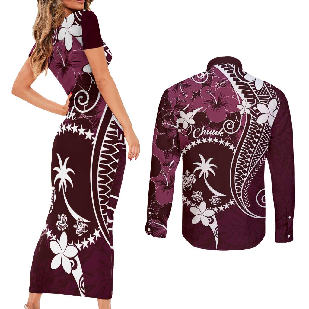 FSM Chuuk Couples Matching Short Sleeve Bodycon Dress and Long Sleeve Button Shirt Turtle Tropical Flowers Polynesian - Pink LT14 - Polynesian Pride