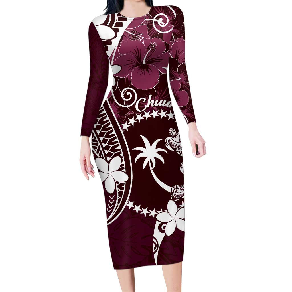 FSM Chuuk Family Matching Long Sleeve Bodycon Dress and Hawaiian Shirt Turtle Tropical Flowers Polynesian - Pink LT14 Mom's Dress Pink - Polynesian Pride