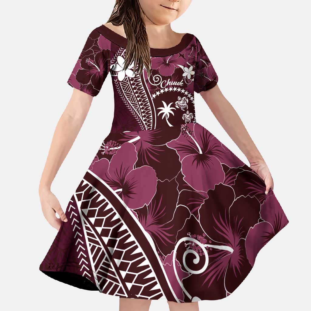 FSM Chuuk Family Matching Off Shoulder Maxi Dress and Hawaiian Shirt Turtle Tropical Flowers Polynesian - Pink LT14 Daughter's Dress Pink - Polynesian Pride