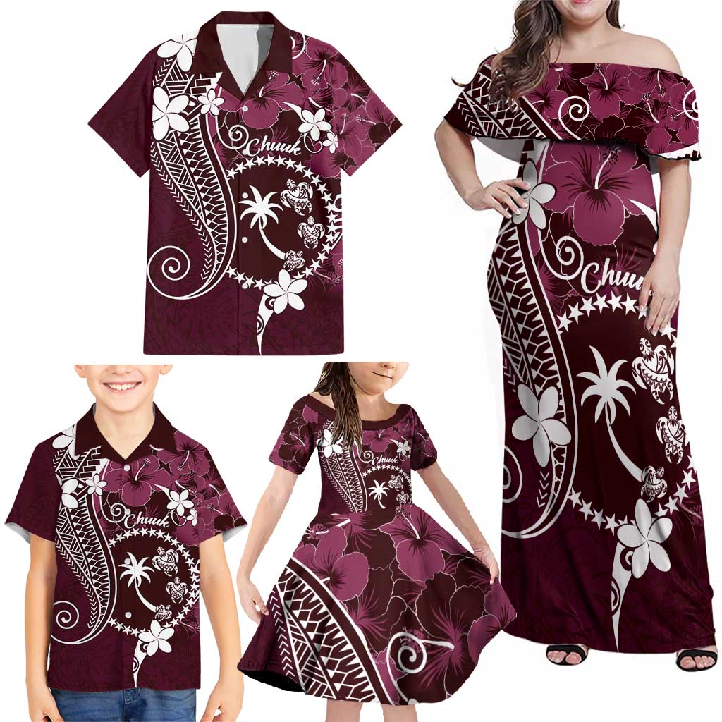 FSM Chuuk Family Matching Off Shoulder Maxi Dress and Hawaiian Shirt Turtle Tropical Flowers Polynesian - Pink LT14 - Polynesian Pride