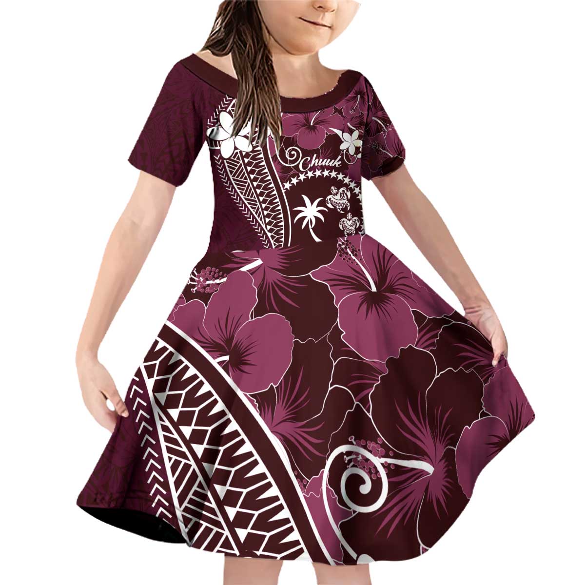 FSM Chuuk Family Matching Off Shoulder Short Dress and Hawaiian Shirt Turtle Tropical Flowers Polynesian - Pink LT14 Daughter's Dress Pink - Polynesian Pride