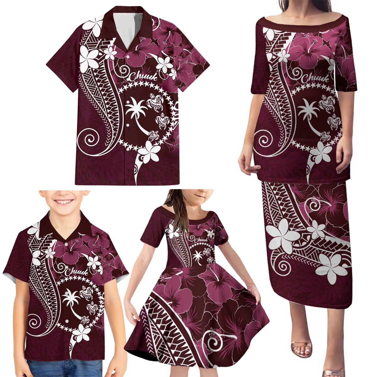 FSM Chuuk Family Matching Puletasi and Hawaiian Shirt Turtle Tropical Flowers Polynesian - Pink LT14 - Polynesian Pride