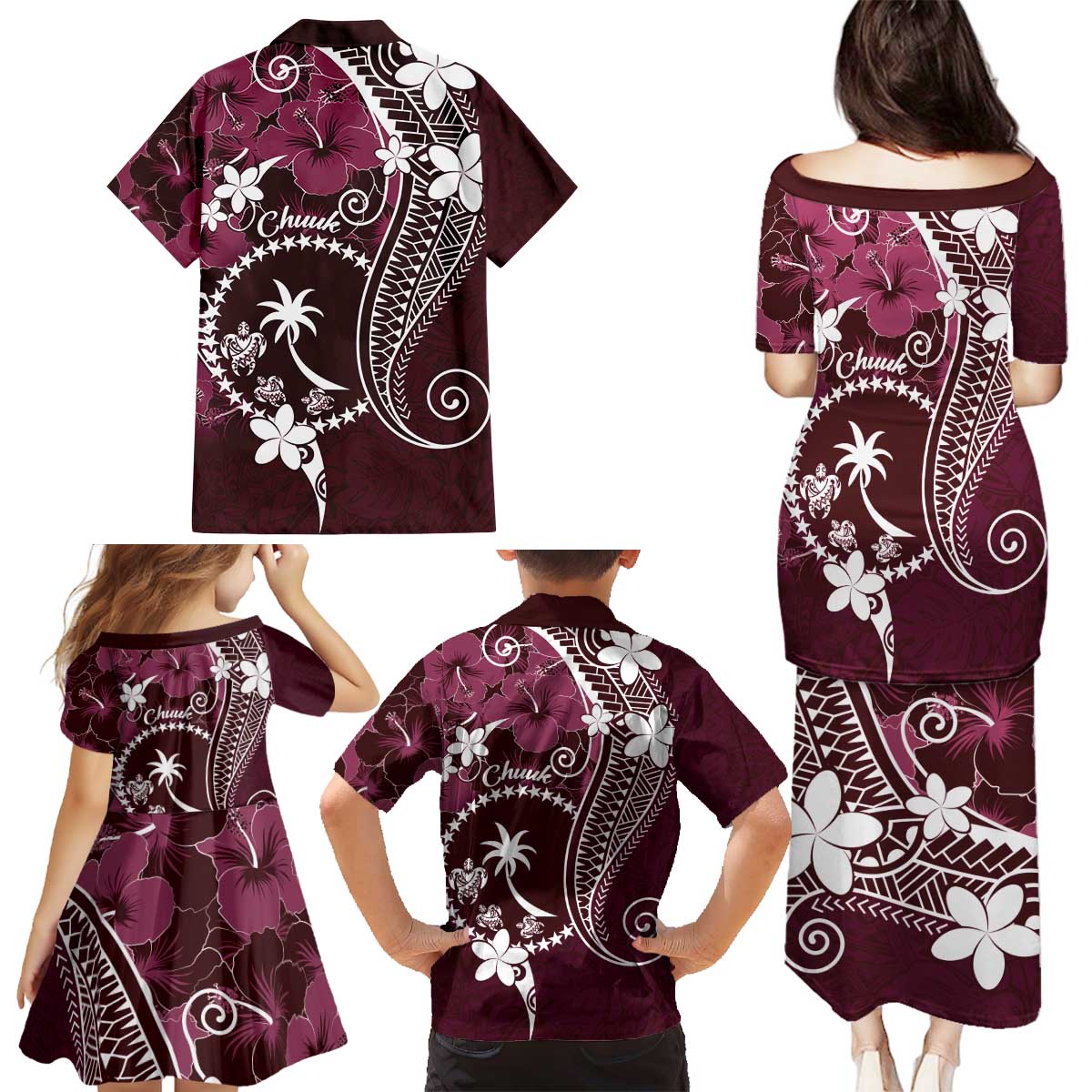 FSM Chuuk Family Matching Puletasi and Hawaiian Shirt Turtle Tropical Flowers Polynesian - Pink LT14 - Polynesian Pride