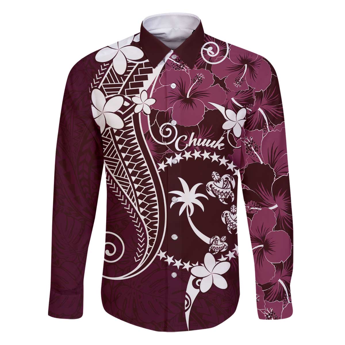 FSM Chuuk Family Matching Puletasi and Hawaiian Shirt Turtle Tropical Flowers Polynesian - Pink LT14 Dad's Shirt - Long Sleeve Pink - Polynesian Pride