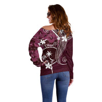 FSM Chuuk Off Shoulder Sweater Turtle Tropical Flowers Polynesian - Pink