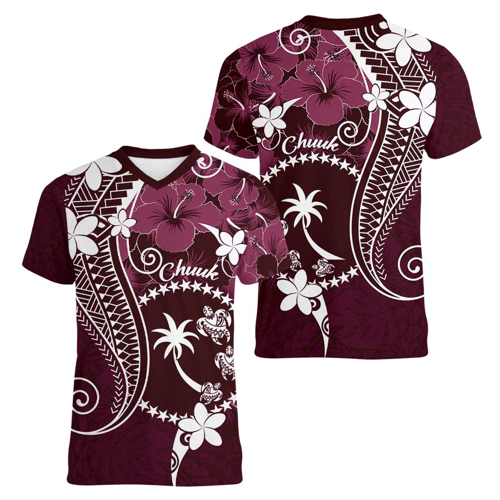 FSM Chuuk Women V-Neck T-Shirt Turtle Tropical Flowers Polynesian - Pink