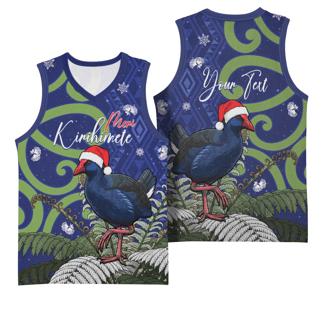 Personalized New Zealand Pukeko Christmas Basketball Jersey Meri Kirihimete Taniko Ponga Koru Blue LT14 - Polynesian Pride
