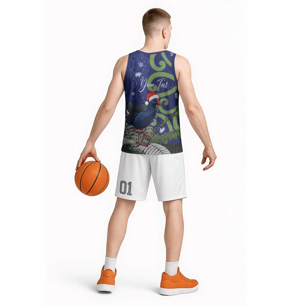 Personalized New Zealand Pukeko Christmas Basketball Jersey Meri Kirihimete Taniko Ponga Koru Blue LT14 - Polynesian Pride