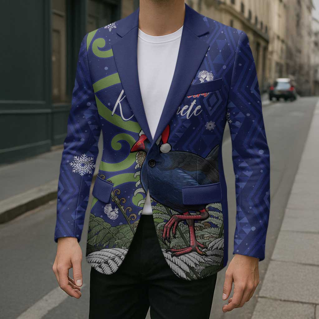 Personalized New Zealand Pukeko Christmas Blazer Meri Kirihimete Taniko Ponga Koru Blue - Polynesian Pride